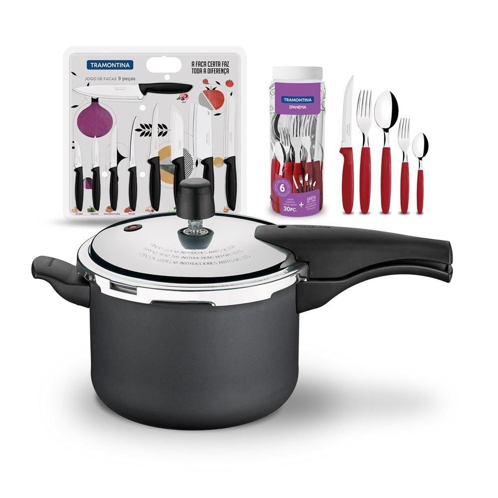 Kit Panela de Pressão Vancouver 4,5L Grafite Antiaderente com Faqueiro Vermelho 30 Peças e Facas