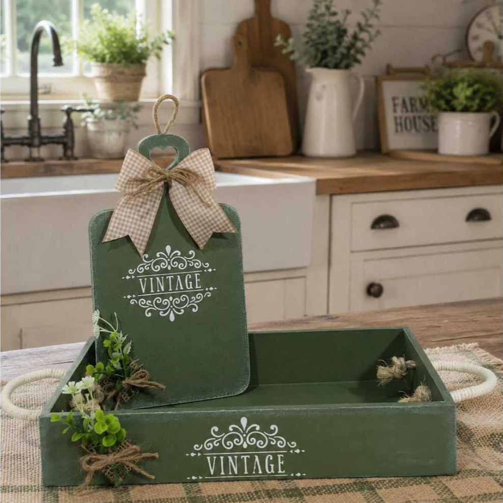 KIT Farmhouse com tábua e bandeja decorada verde oliva.