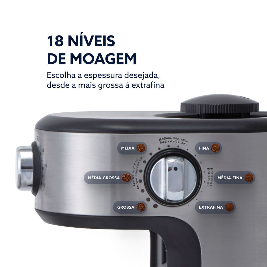 Foto 2 de Kit Cafeteira Espresso PrimaLatte Inox e Moedor de Café Precision 18 níveis Oster