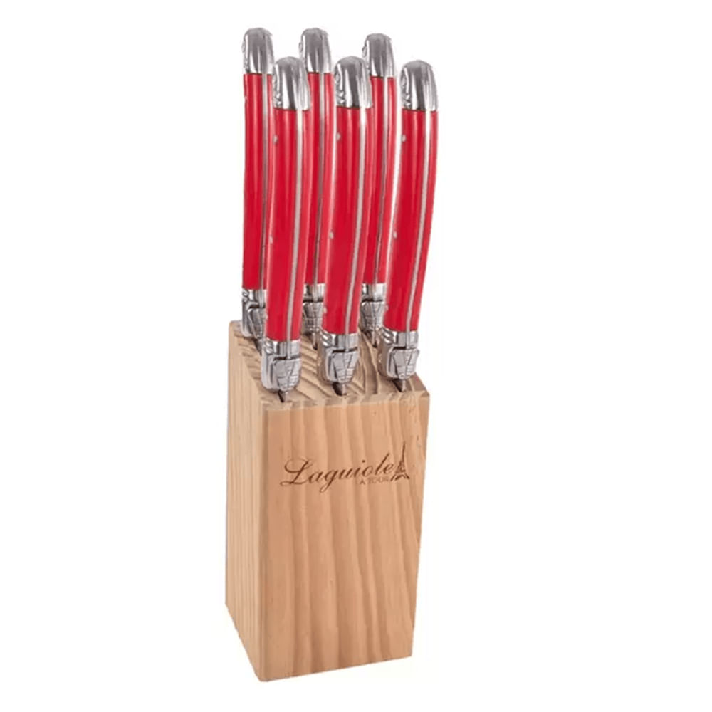 Faca Luxo Vermelho Com Cepo Em Madeira 6 Peças - Laguiole