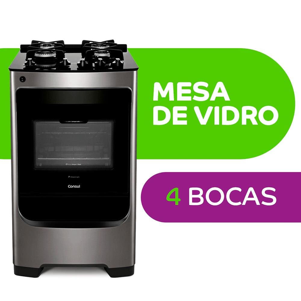 Foto 2 de Fogão 4 Bocas Consul CFO4VAR Mesa de Vidro Acendimento Automático Bivolt Inox