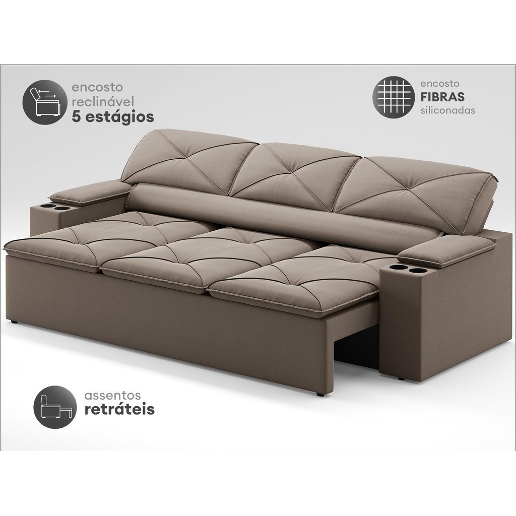Foto 2 de Sofá com Porta Copos Retrátil e Reclinável Pop 2,05m Velosuede Capuccino - NETSOFAS