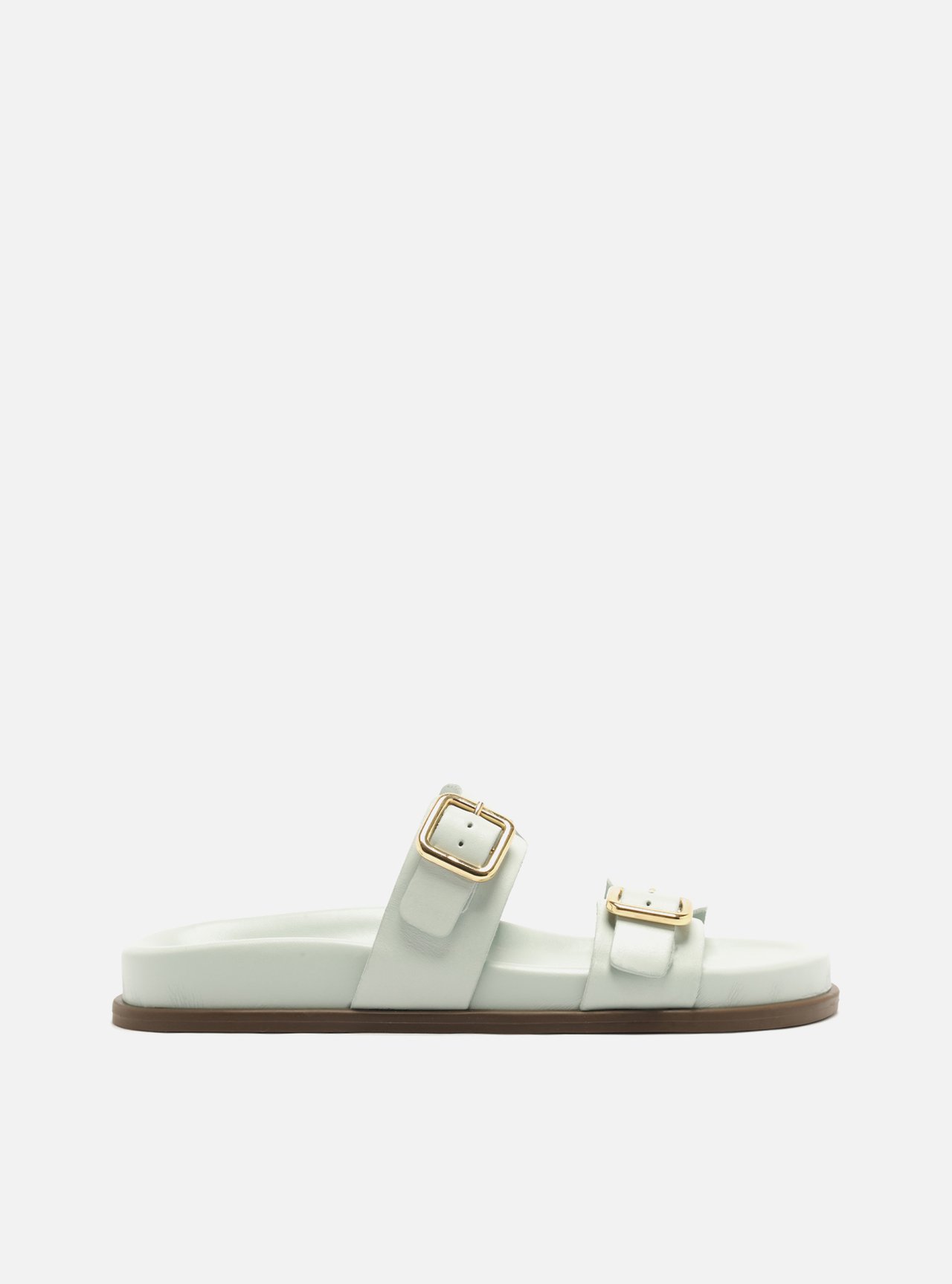 Sandália Papete Azul Couro Flatform Fivelas Douradas