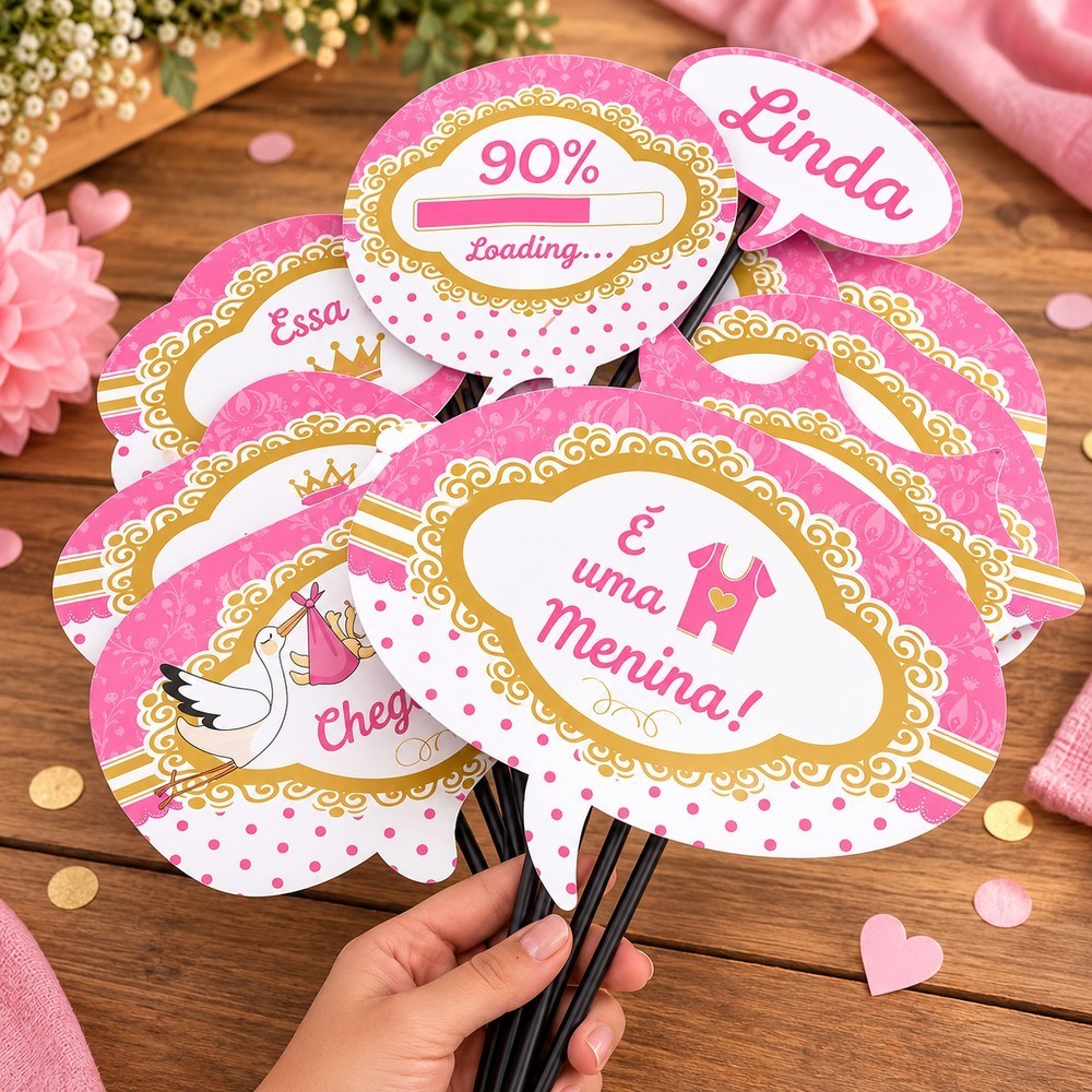 KIT 10 PLAQUINHAS DIVERTIDAS SELFIE CHÁ DE BEBÊ MENINA (COD 13) (CHOCO)