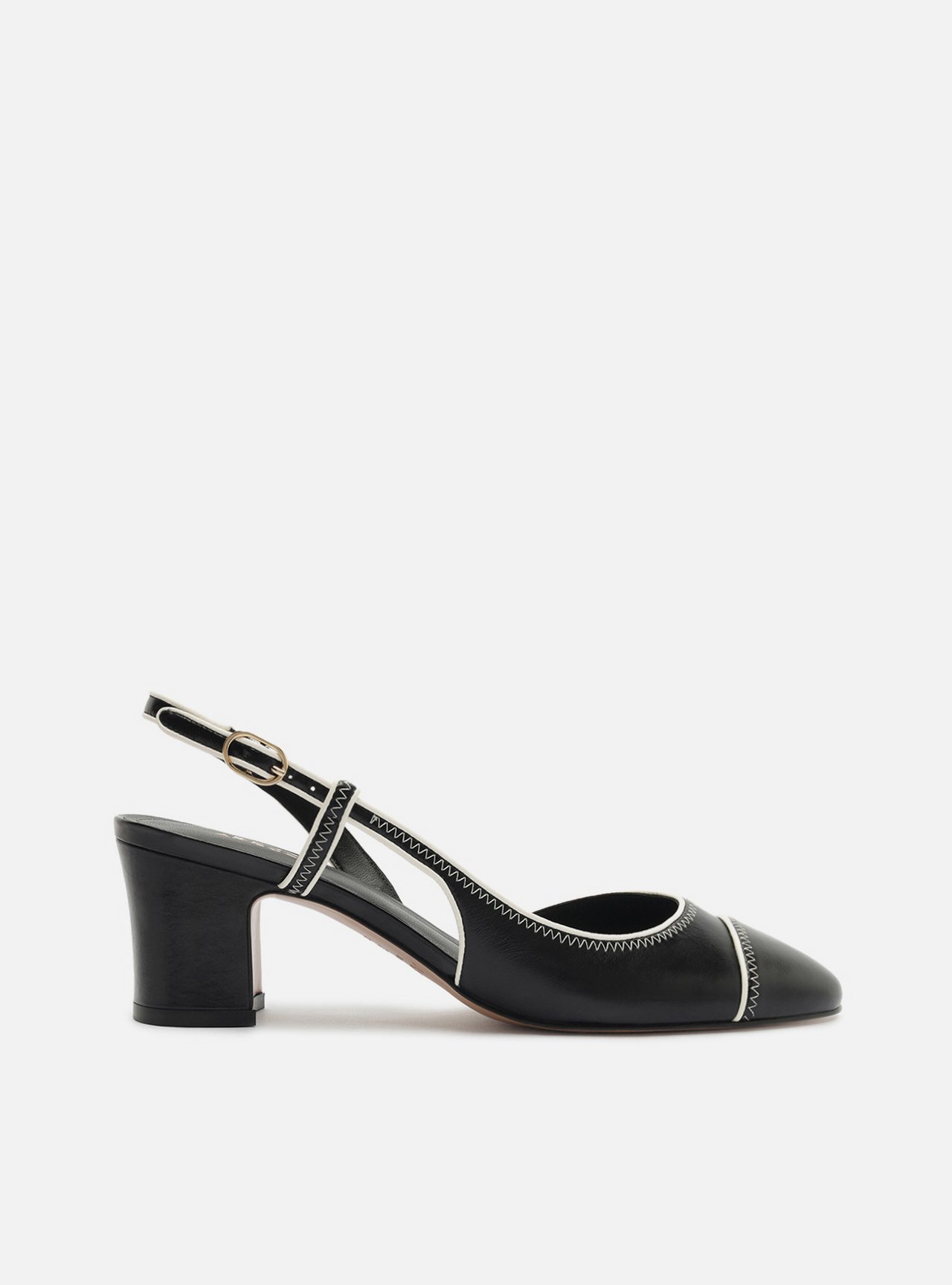 Scarpin Preto Salto Bloco Fivela Slingback