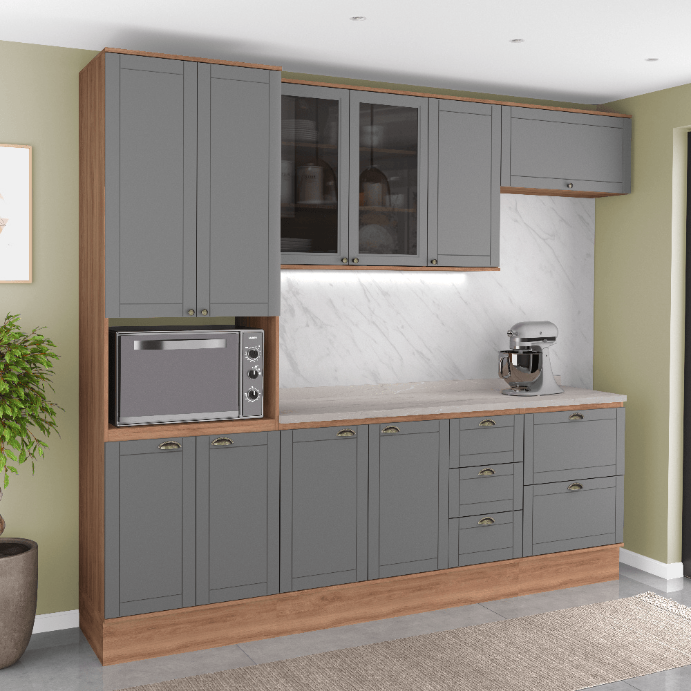 Armário de Cozinha Completa com Balcão Milla Lovely Carraro Nogal com Cinza Titânio