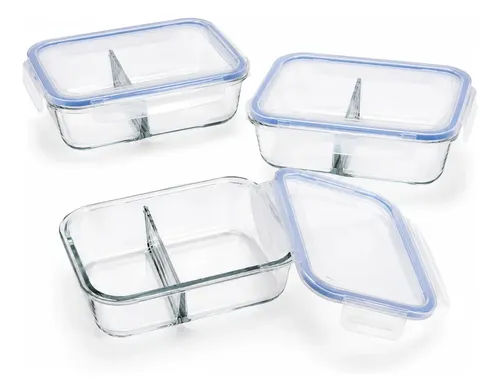 Conjunto 3 Potes Hermético Vidro C/ Divisória Marmita 640ml Transparente