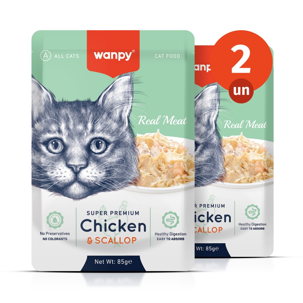 Kit 2 Truly Wanpy Petisco Sachê para Gatos Sabor Frango e Vieira 85g