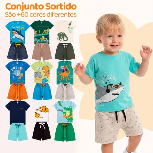 Kit Infantil 10 Peças Menino Conjunto 5 Shorts+5 Camisetas Kit 5 Conjuntos Infantil 8 Peças 3 - Veste 2 Anos