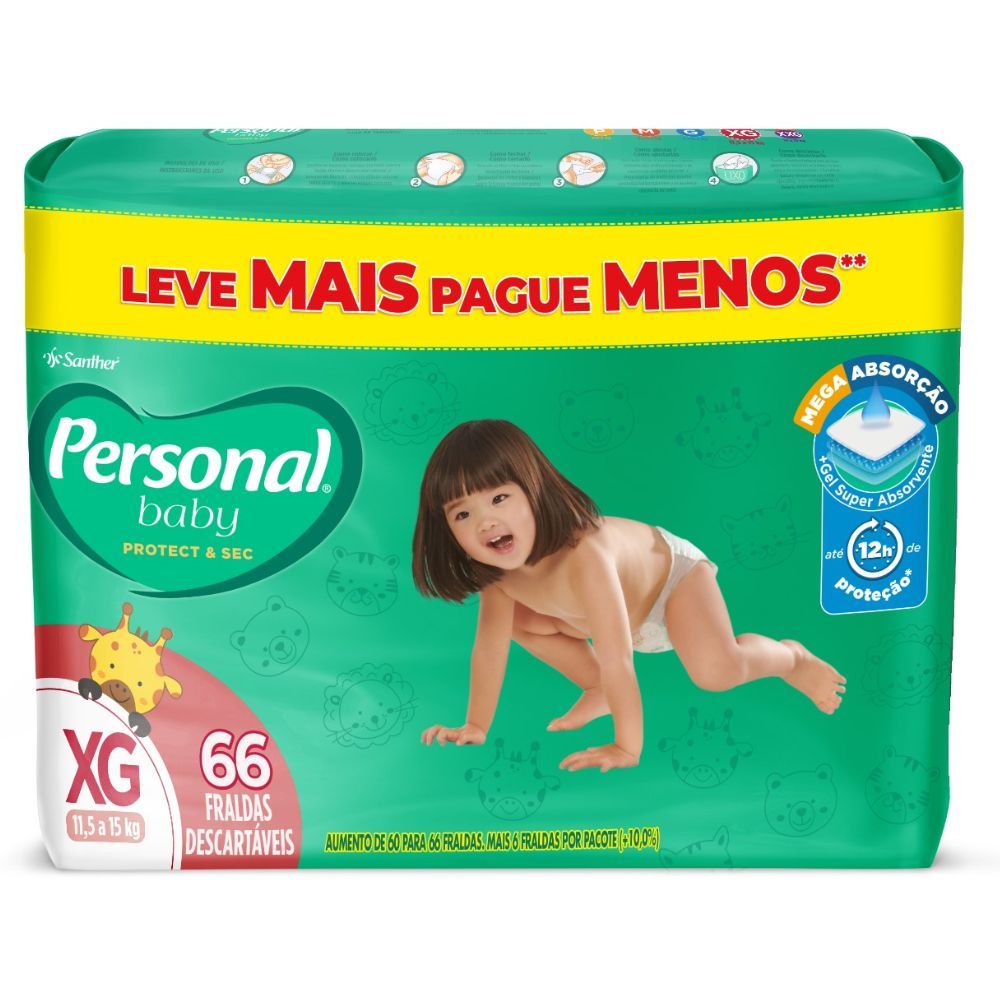 Fralda Infantil Personal Baby Protect & Sec Tamanho XG com 66 Tiras