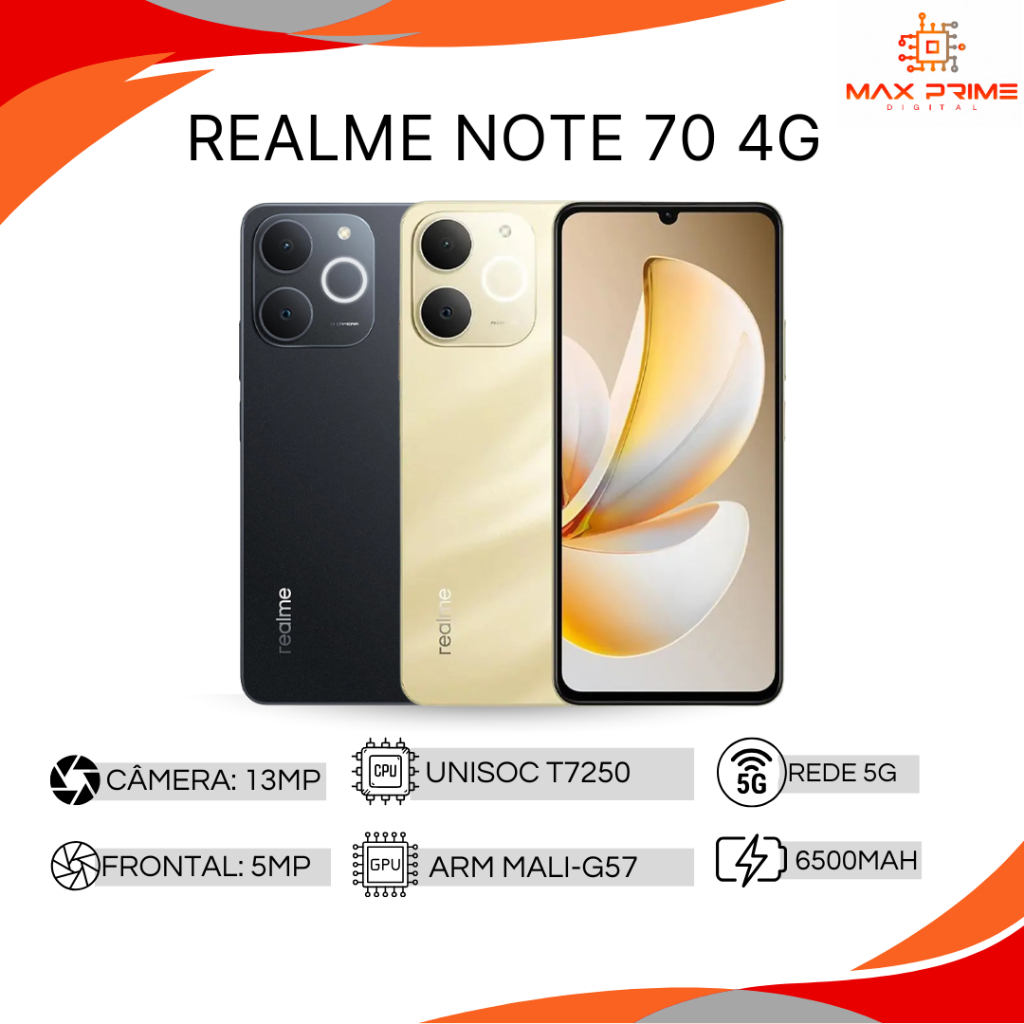 Realme Note 70 4G 128/4GB RAM, 256/4GB RAM, 256/8GB RAM Processador Unisoc T7250, Versão Global