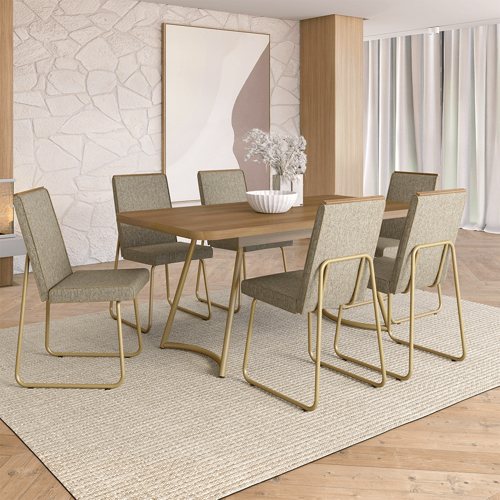 Conjunto Sala de Jantar 6 Cadeiras Peonia Carraro Carvalho Dourado