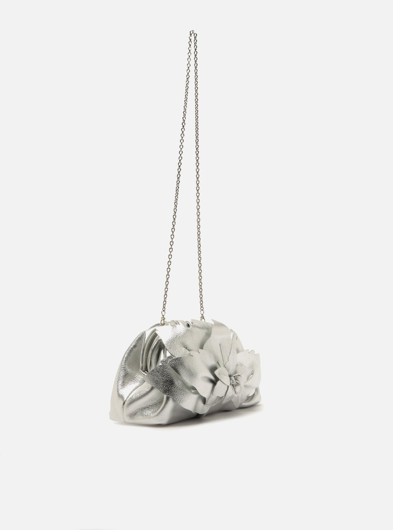 Foto 5 de Bolsa Clutch Prata Couro Pequena Flor Corrente