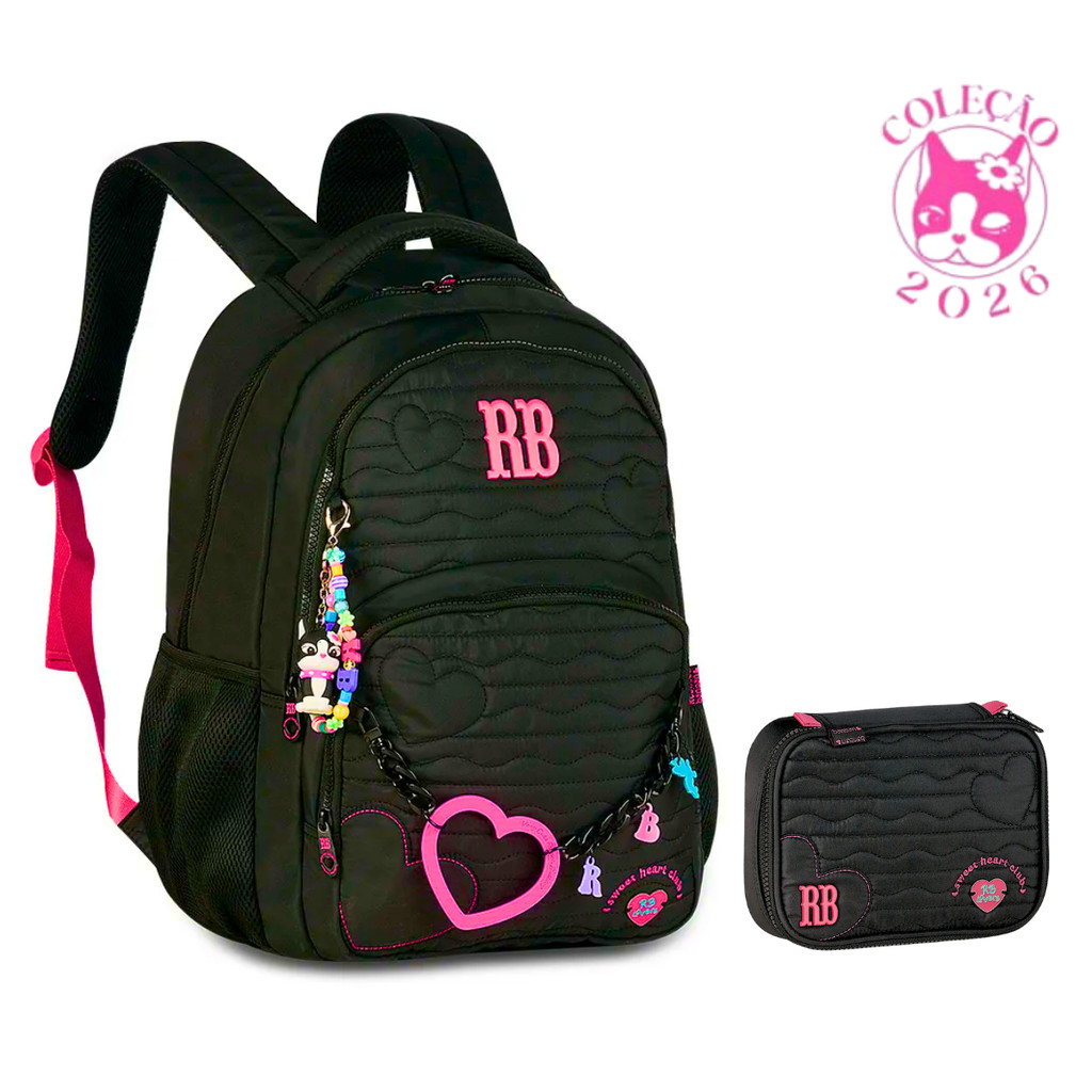 Kit Mochila de Costas e Estojo Rebecca Bonbon Heart Beats -Clio Style Cor:Preto