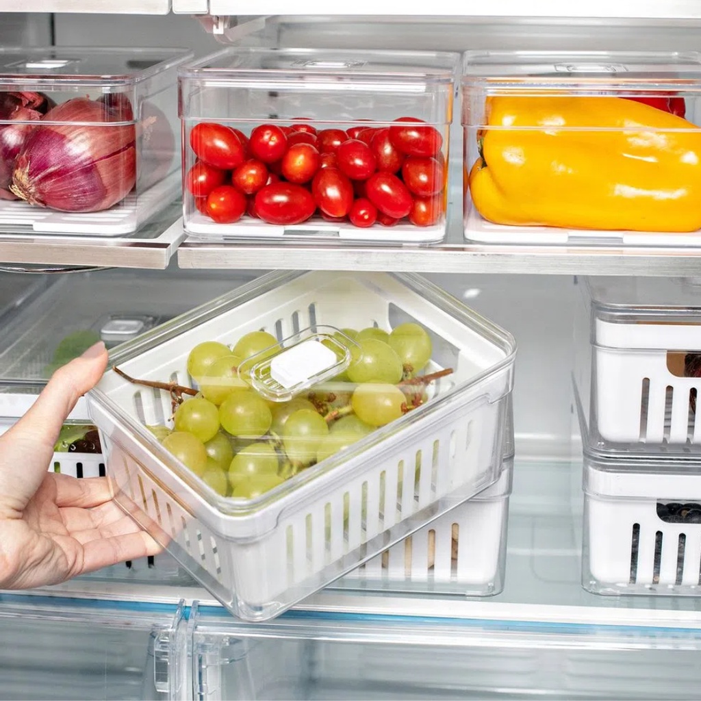 Organizador De Geladeira 5L Com Tampa e Cesto Escorredor Legumes Frutas Verduras Acrílico Clear OU
