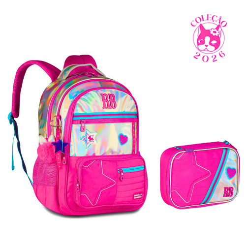 Kit Mochila de Costas e Estojo Rebecca Bonbon Holo Shine - Clio Style Cor:Rosa