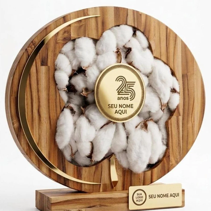 Troféu de Madeira com Capulho de Algodão Personalizado Agro Premiação Fim de Safra Algodoeira Cotonicultor
