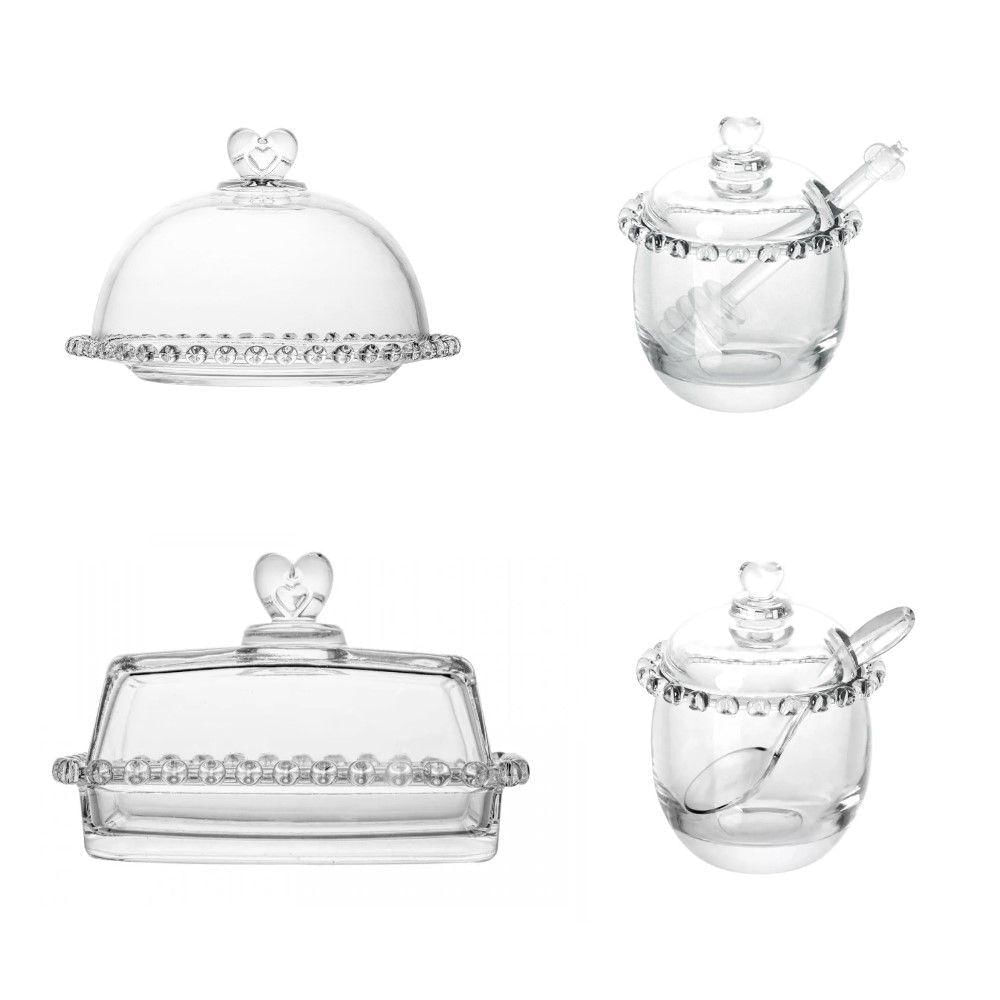 Kit Queijeira Manteigueira Meleira e Açucareiro Coração em Cristal Transparente Lyor