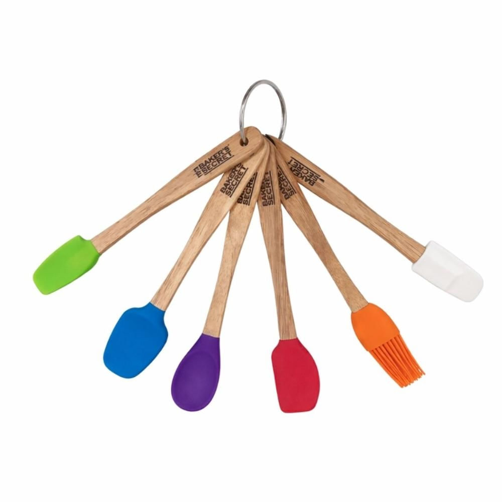 Kit Mini Espátulas e Pincel Cozinha Madeira Silicone 6 Pçs