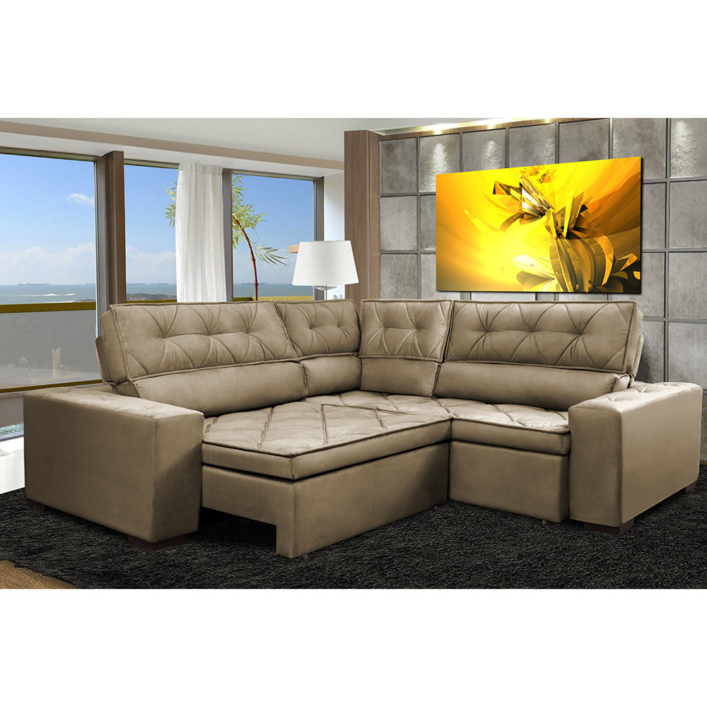 Sofa de Canto Retrátil e Reclinável com Molas Cama inBox Austin Suede Velusoft - Castor / 2,20m x 2,20m