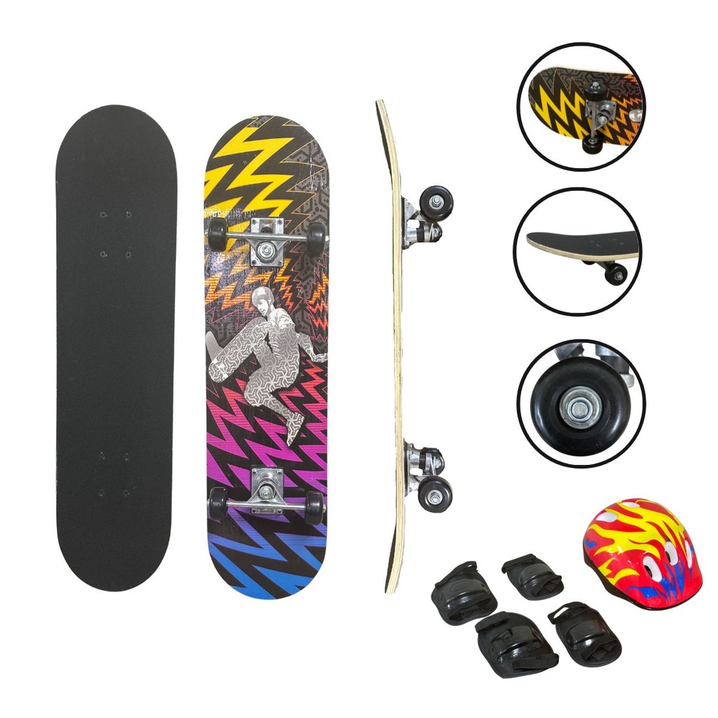 Skate Infantil 42 Polegadas Shape Radical 79cm Com Kit Completo de Proteção Segurança