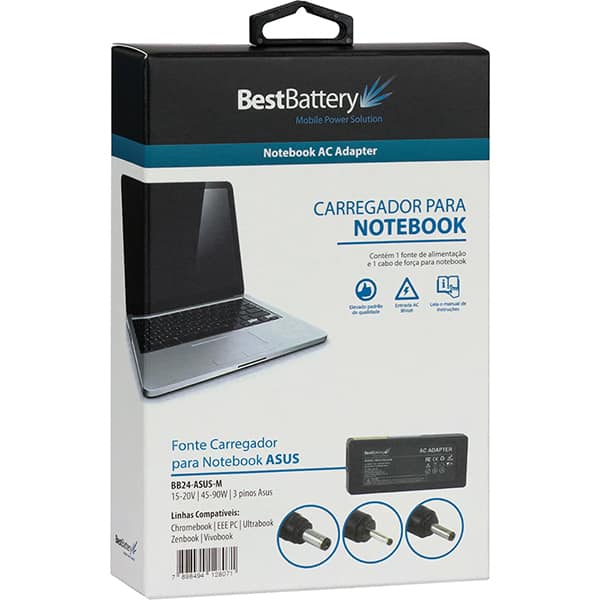 Fonte de alimentação para notebook Asus, bivolt, 90w, BB24-ASUS, BestBattery - CX 1 UN