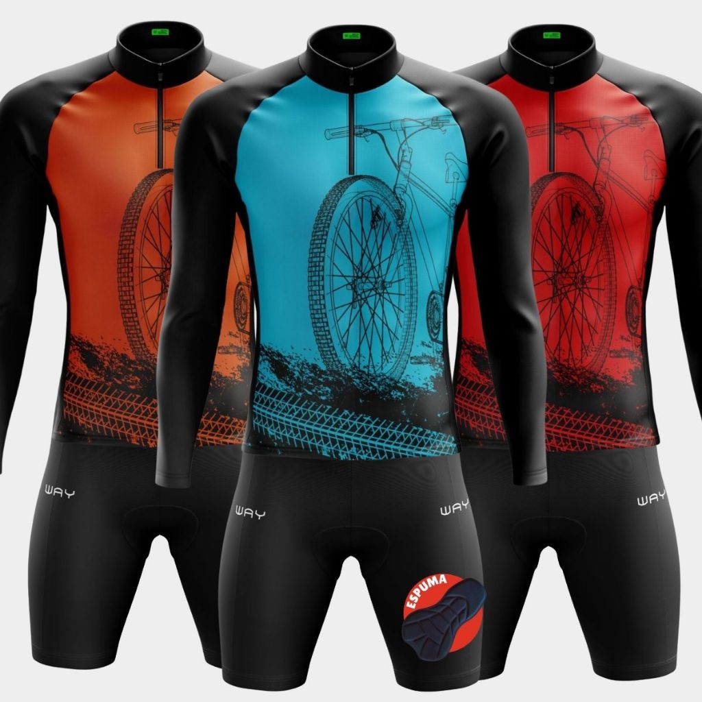 Roupa de Ciclismo Masculino Conjunto Ciclista Várias Cores Camisa Manga Longa Inverno Frio e Bermuda