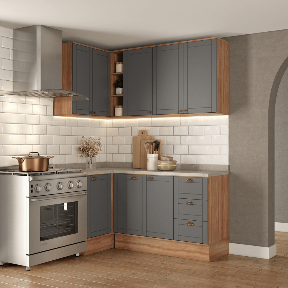 Armário de Cozinha Completa com Balcão Milla Bee Fit Carraro Nogal com Cinza Titânio