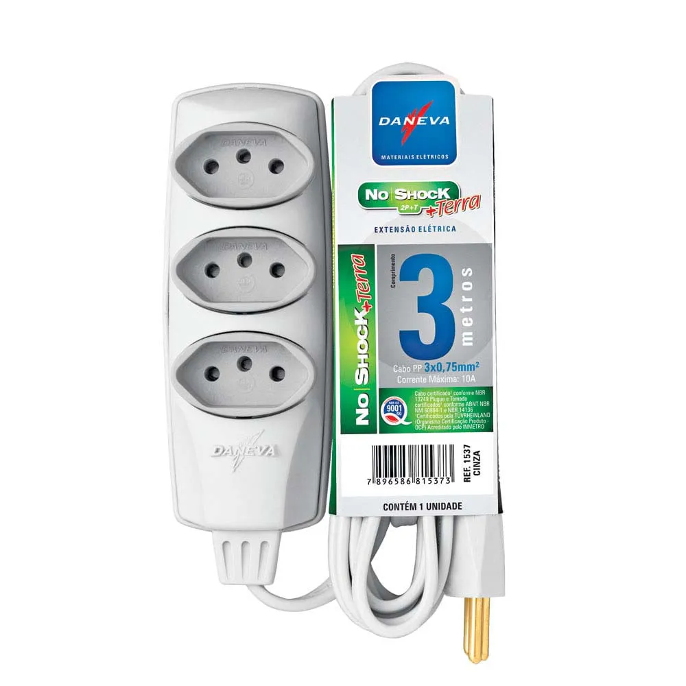 EXTENSAO NOSHOCK 90 PP 3X0,75 2P+T 10A CINZA 3M - DANEVA