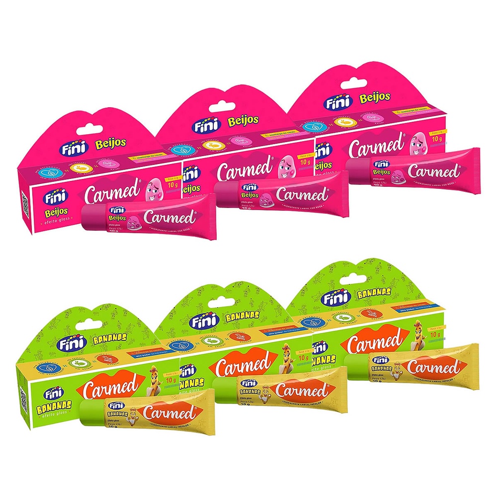 Kit 6 Unidades Hidratante Labial Carmed Fini 3 Beijos e 3 Bananas Efeito Gloss 10g