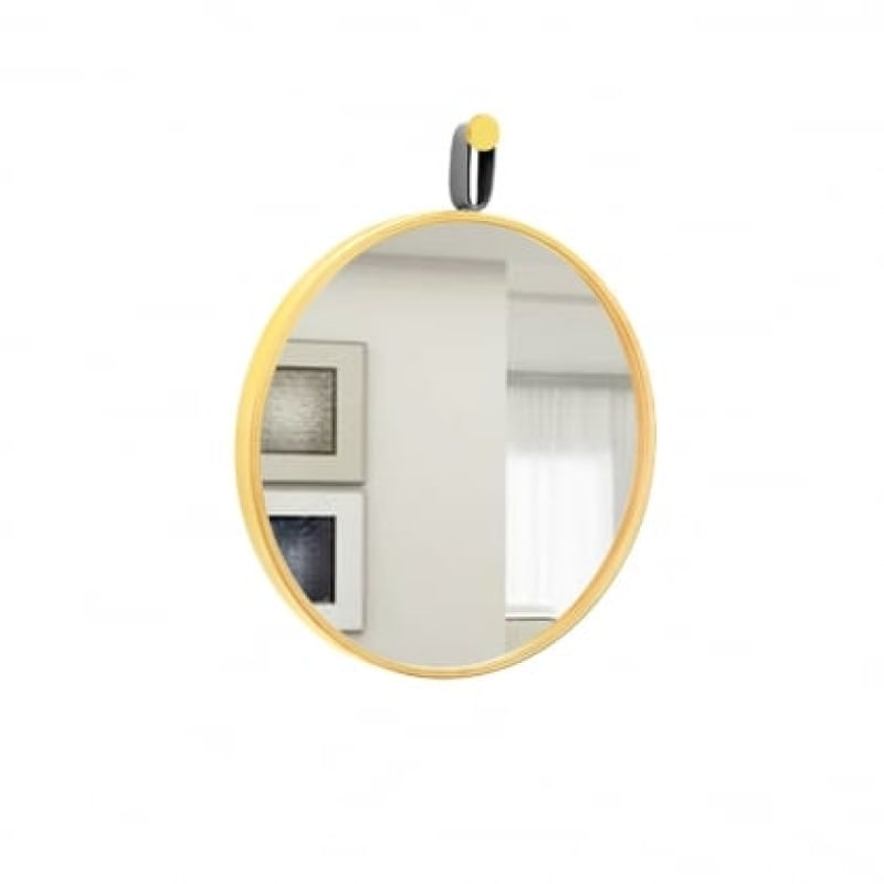 Espelho Decorativo Short Strip Alça Corino 60cm Redondo Amarelo