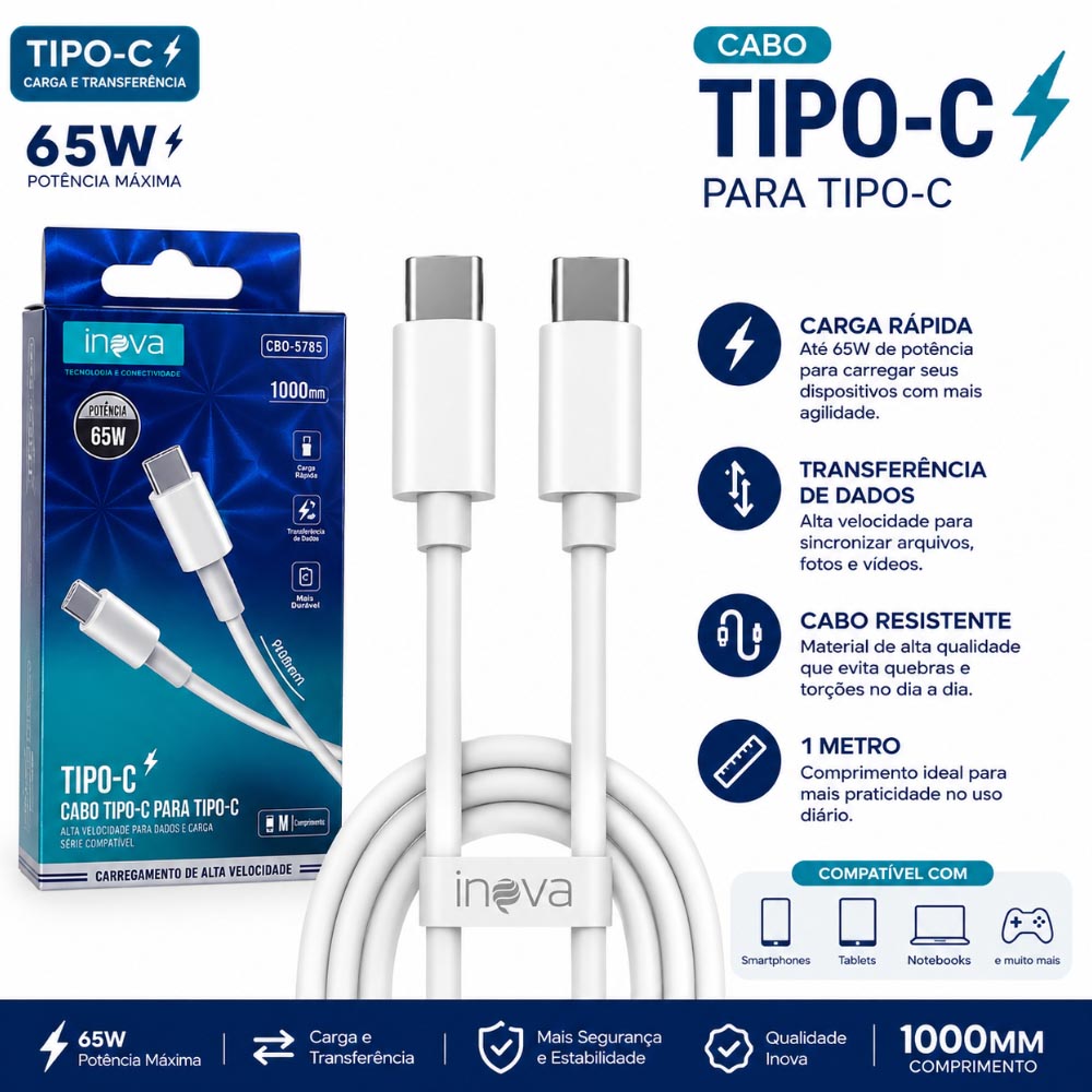 Cabo USB-C para USB-C Inova 65W Carga Rápida 1 Metro