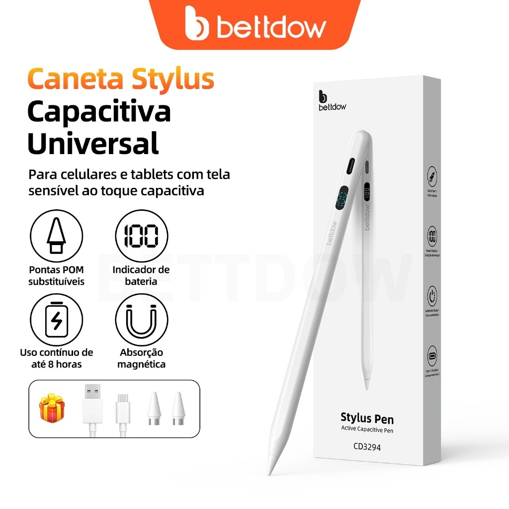 Caneta stylus BETTDOW GD16 com indicador LED de bateria testada em celulares Apple, Xiaomi, Huawei e de outras marcas.