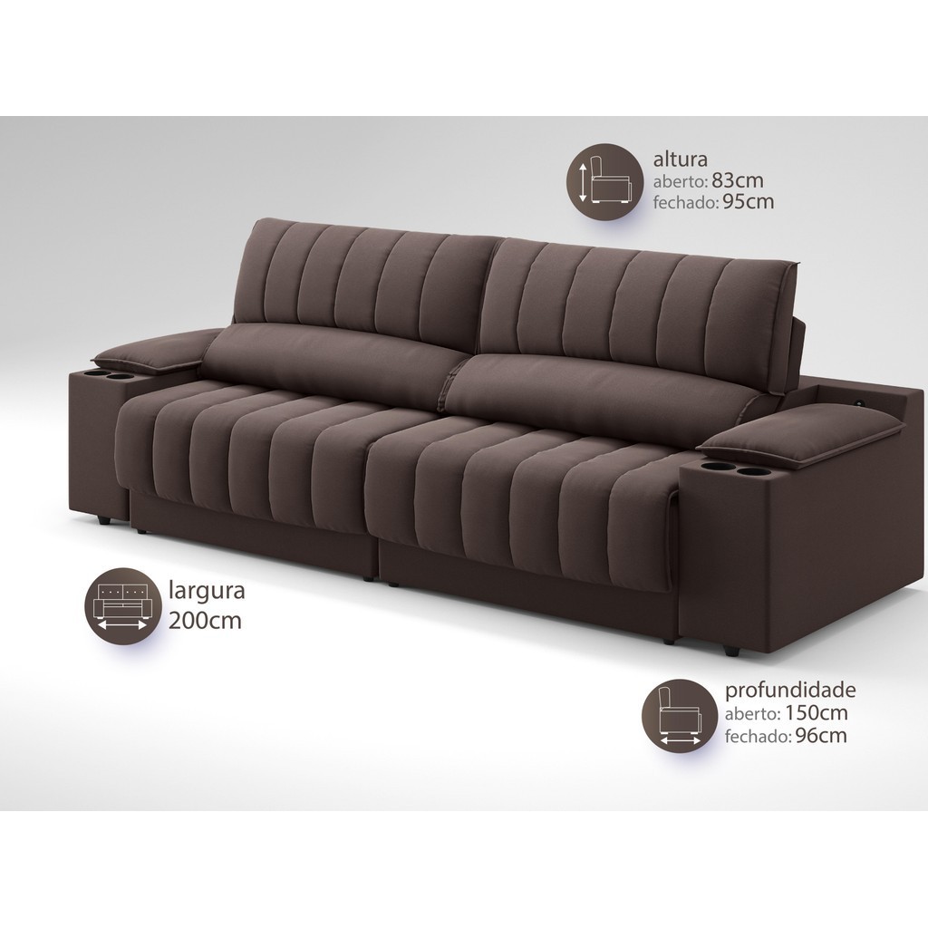 Foto 2 de Sofá com Porta Copos Carregador USB Ret Rec Murano 2,00m Velosuede Chocolate - NETSOFAS