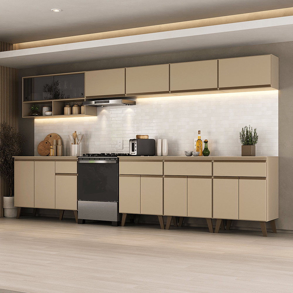 Armário de Cozinha Completa Atlanta Neo com Vidro Carraro Amêndoa