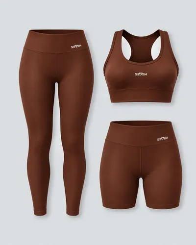Kit Conjunto Feminino Fitness Top Nadador + Legging + Short Marrom Gg