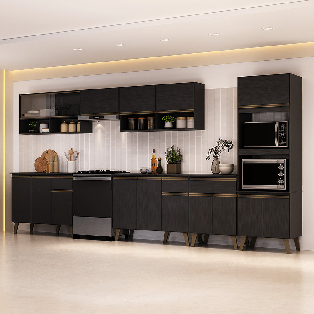 Armário de Cozinha Completa Atlanta Valley com Vidro Carraro Preto Touch