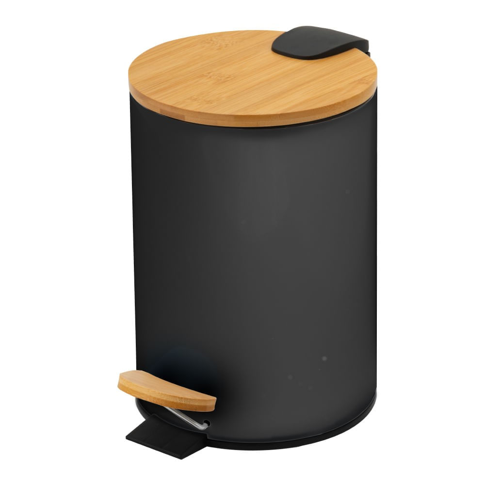 Lixeira Com Tampa De Bambu E Pedal 5L Preta Redonda Coisas E Coisinhas