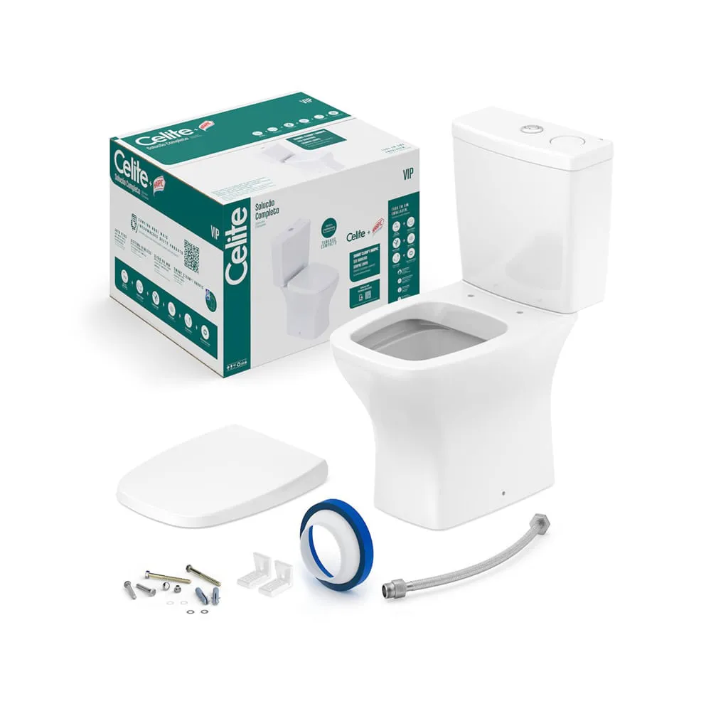 KIT BACIA RIMLESS C/CX HARPIC, ASSENTO PP SOFT CLOSE E COMPL INST VIP CELITE