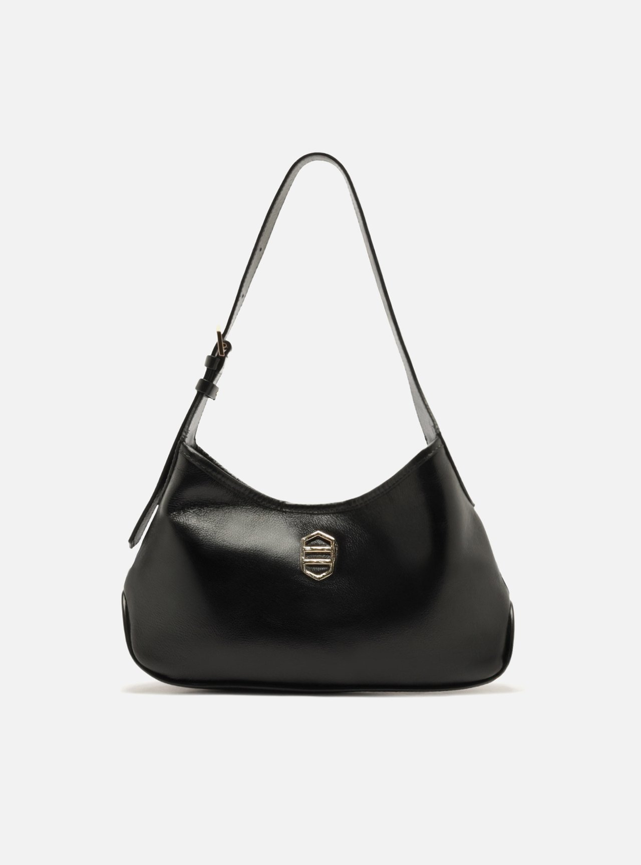 Bolsa Shoulder Preta Couro Média Metais Dourados