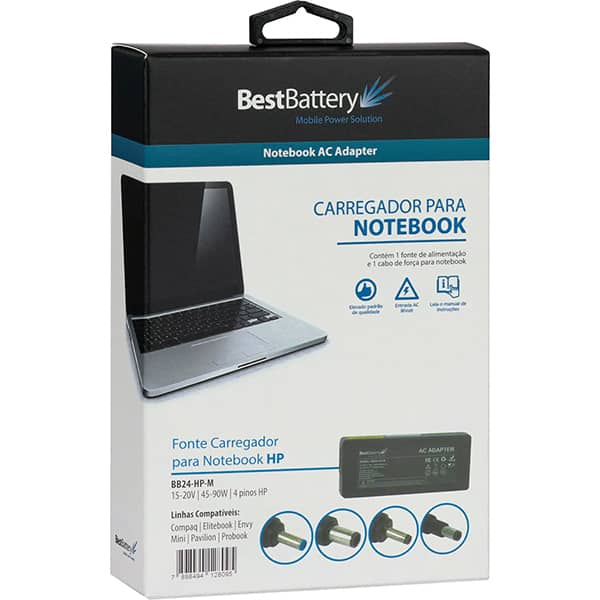 Fonte de alimentação para notebook HP, bivolt, 90w, BB24-HP-M, BestBattery - CX 1 UN