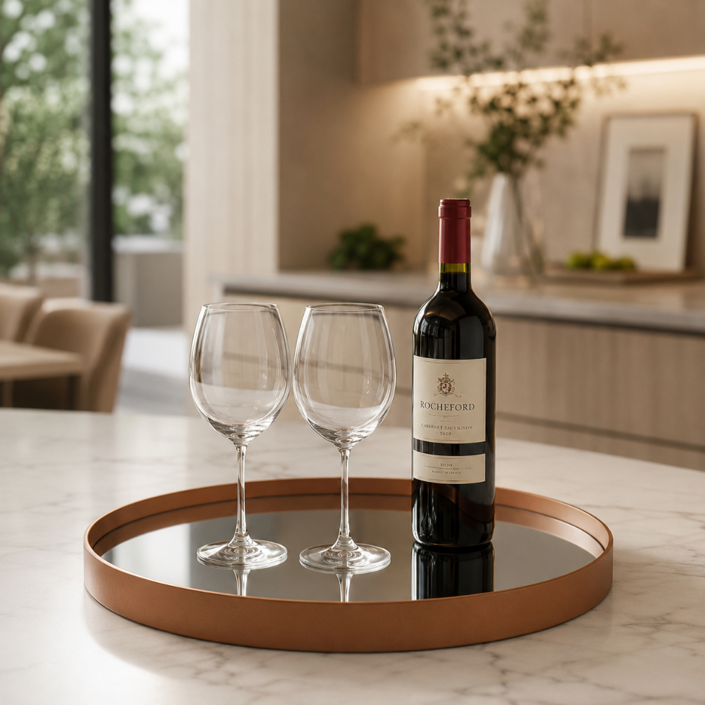 Bandeja Redonda Espelhada 30cm em Couro Ecológico Preto e Caramelo para Decoração Luxuosa