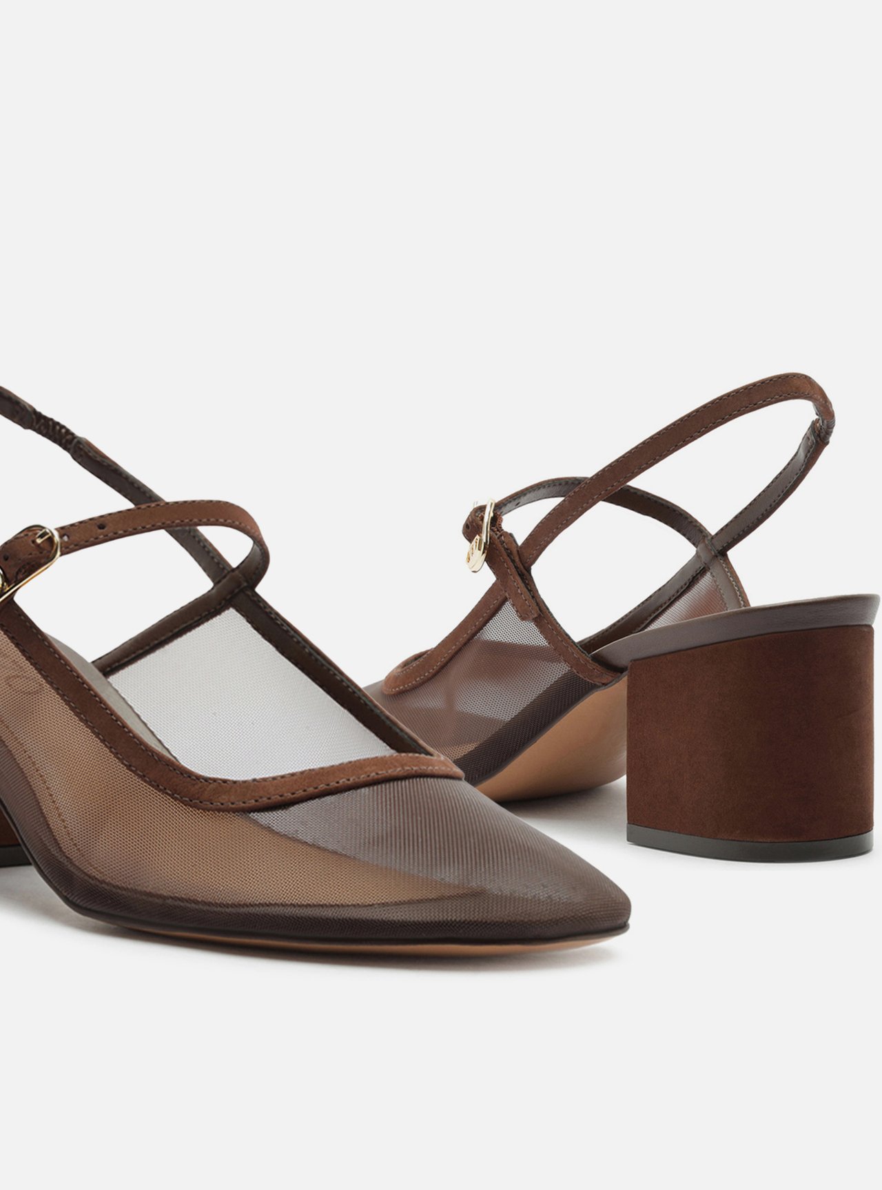 Foto 4 de Scarpin Marrom Tela Salto Bloco Slingback