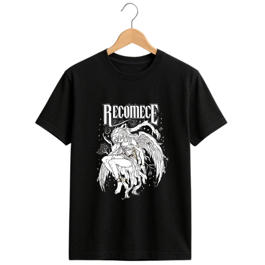 Camiseta Masculina Recomece Anjo Estampado Preta Algodão Streetwear Casual Unissex