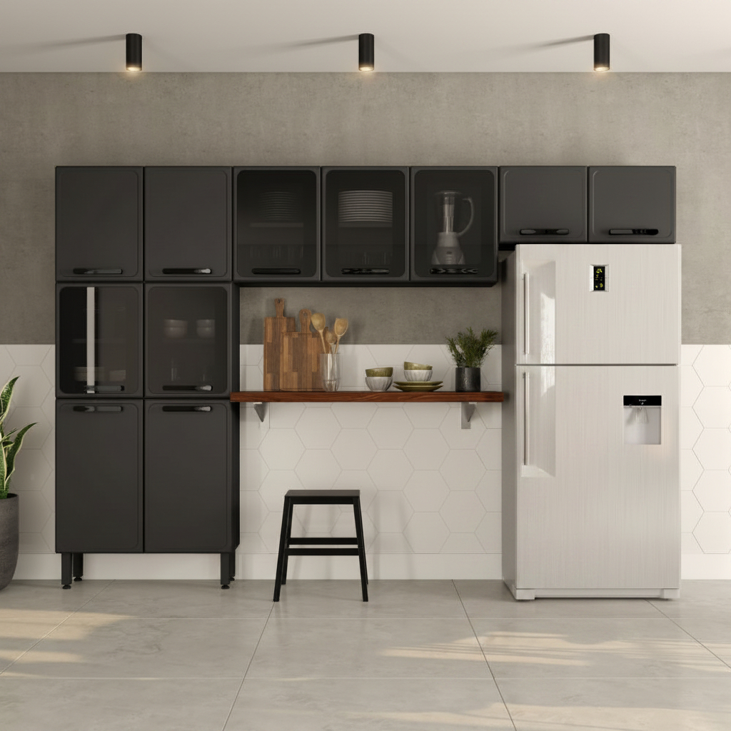 Cozinha Completa Aço 11 Portas 5 com Vidro Estilo Bertolini