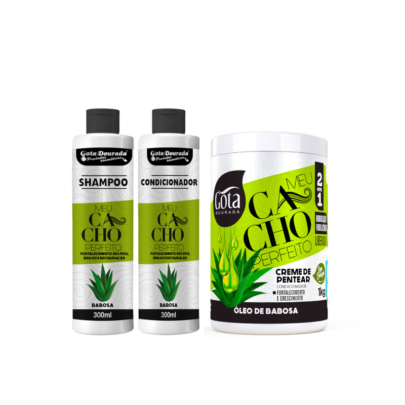 Kit Shampoo, Condicionador e Creme de Pentear Meu Cacho Perfeito Gota Dourada - Argan e Queratina