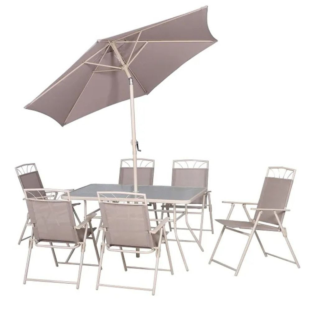 Conjunto de Jardim Mesa com 6 Cadeiras e Ombrelone em Aço Coisas e Coisinhas