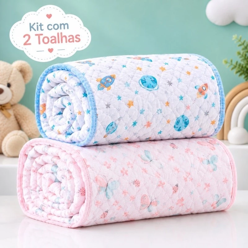 Kit 02 Toalhas de Banho Bebe com Capuz Forro de Fralda Menina Menino Unissex 80x80cm