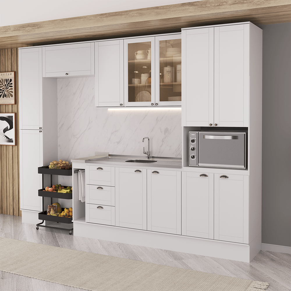 Armário de Cozinha Completa com Balcão Milla One Light Carraro Branco
