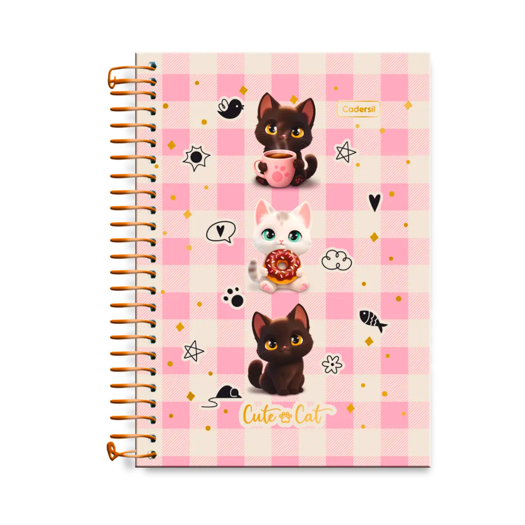 Caderno Colegial 15 Matérias 240 Folhas Cute Cat - CADERSIL Capa:Xadrez Rosa
